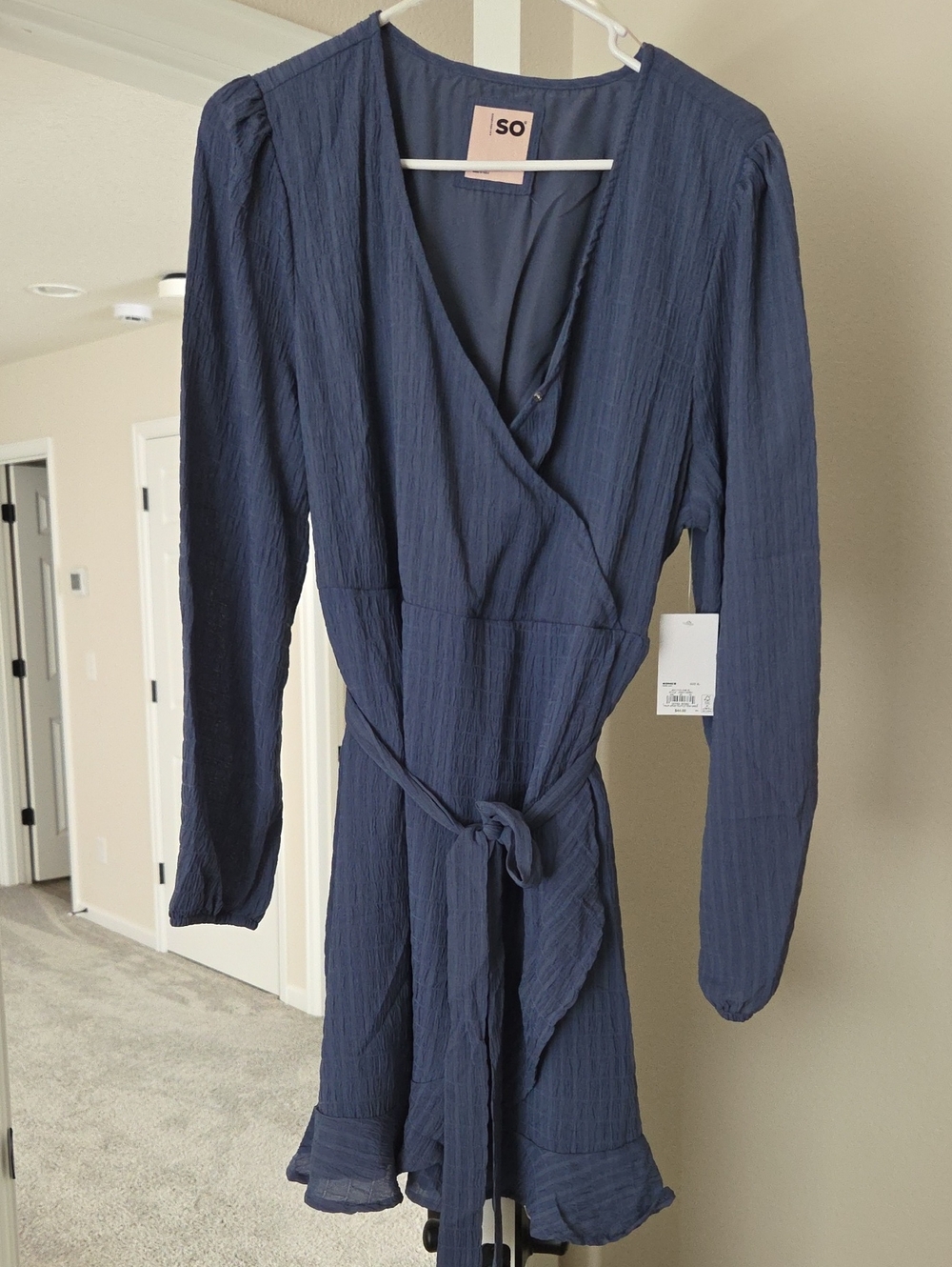 SO Blue Long Sleeve Wrap Dress with Tie Waist